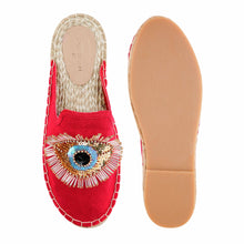 Load image into Gallery viewer, A pair of Glare Espadrilles Crimson Fancy Haut Platform, against a white background where one is shown from the sole side