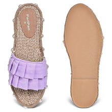 Load image into Gallery viewer, A pair of Majorica Sandals Lavender Open Toe, against a white background where one is shown from the sole side
