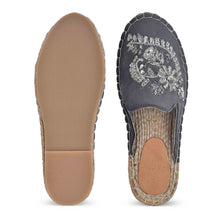 Load image into Gallery viewer, A pair of Ottoman Silver Espadrilles Flats showcasing juttis for women against a white background where one Espadrilles is shown from the sole side