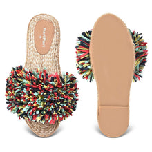 Load image into Gallery viewer, A pair of Women Open Toe Rhim Jhim Sandals Multi- Color, footwear for women against a white background where one is shown from the sole side