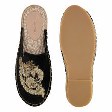 Load image into Gallery viewer, A pair of Ottoman Espadrilles Black Classic Flat, against a white background where one is shown from the sole side