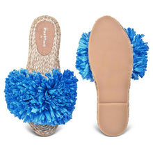 Load image into Gallery viewer, A pair of Rhim Jhim Sandals Blue-Open Toes Flat showcasing shoes for women against a white background where one Espadrilles is shown from the sole side