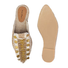 Load image into Gallery viewer, A pair of golden Espadrilles with a small detailing on them with a pattern around the bottom and sides on a white background, one view facing forward and the other view facing backwards.
