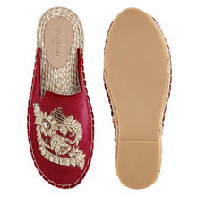 Load image into Gallery viewer, A pair of Ottoman Espadrilles Burgundy Flat for Marriage, against a white background where one is shown from the sole side
