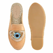 Load image into Gallery viewer, A pair of Flirty Glare Espadrilles Sand Flat, against a white background where one is shown from the sole side
