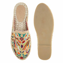 Load image into Gallery viewer, A pair of Environment-Friendly Diego Espadrilles Sand Haut Platform, against a white background where one is shown from the sole side