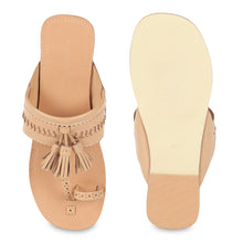 Load image into Gallery viewer, A pair of Trendy Tinsel Kolhs Sandal, against a white background where one is shown from the sole side