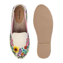 Load image into Gallery viewer, A pair of colorful embroidered Espadrilles, one view facing forward and the other view facing backwards on a white background.