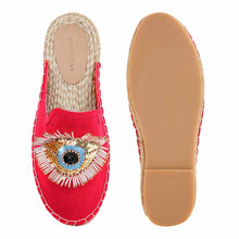 Load image into Gallery viewer, A pair of Glare Espadrilles Crimson Evil-Eye Flat, against a white background where one is shown from the sole side