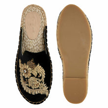 Load image into Gallery viewer, A pair of Designer Ottoman Espadrilles Black Haut Platform, shoes for women, against a white background where one is shown from the sole side