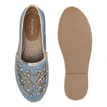 Load image into Gallery viewer, A pair of blue Espadrilles with a small embroidery of gold detailing on them with a pattern around the bottom and sides on a white background, one view facing forward and the other view facing backwards.