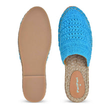 Load image into Gallery viewer, A pair of Croshia Blue Espadrilles Platform showcasing shoes for women against a white background where one Espadrilles is shown from the sole side