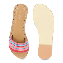 Load image into Gallery viewer, A pair of Funky Streak Sandals for Ladies, against a white background where one is shown from the sole side