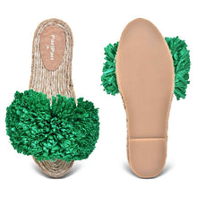 Load image into Gallery viewer, A pair of Rhim Jhim Sandals Green-Open Toes Flat showcasing shoes for women against a white background where one Espadrilles is shown from the sole side