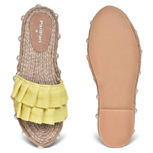Load image into Gallery viewer, A pair of Majorica Sandals Yellow- Office Wear Ladies Footwear, against a white background where one is shown from the sole side