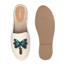 Load image into Gallery viewer, A pair of coco off-white espadrilles platform with a green palm tree on top of it, one view facing forward and the other view facing backwards on a white background