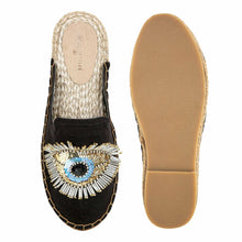 Load image into Gallery viewer, A pair of Evil Eye Glare Espadrilles Charcoal Flat, against a white background where one is shown from the sole side