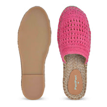 Load image into Gallery viewer, A pair of Croshia Pink Espadrilles flats showcasing shoes for women against a white background where one Espadrilles is shown from the sole side