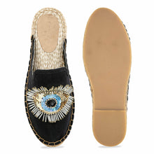 Load image into Gallery viewer, A pair of Sleek Evil Eye Glare Espadrilles Charcoal Haut Platform, against a white background where one is shown from the sole side