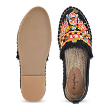 Load image into Gallery viewer, A pair of Masai Beaded Espadrilles Black showcasing shoes for women against a white background where one Espadrilles is shown from the sole side