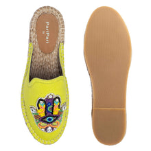 Load image into Gallery viewer, a pair of Hamsa green espadrilles flats having evil eye protector design, one view facing forward and the other view facing backwards on a white background.