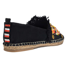 Load image into Gallery viewer, back view of Masai Beaded Espadrilles Black one of ladies shoes