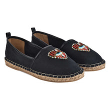 Load image into Gallery viewer, A pair of Sweetheart Espadrilles ladies shoes having evil eye protector design kept against a white background