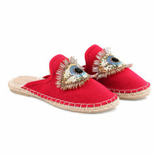 Load image into Gallery viewer, A luxurious image of a Glare Espadrilles Crimson Evil-Eye Flat, shoes for Women