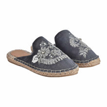 Load image into Gallery viewer, A pair of Ottoman Silver Espadrilles Flats showcasing juttis for women against a white background