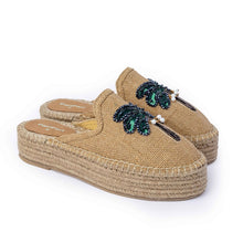 Load image into Gallery viewer, A pair of Coco Beige Espadrilles Platform with palm tree design featuring jfootwear for women kept on a white background