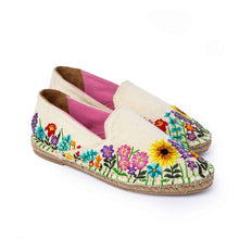 Load image into Gallery viewer, A pair of colorful embroidered Espadrilles on a white background.