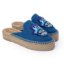 Load image into Gallery viewer, a side view of a pair of Hamsa blue espadrilles Platform having evil eye protector design, kept on a white background.