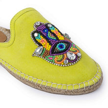 Load image into Gallery viewer, A photo of single Hamsa green espadrilles flat having evil eye protector design, kept on a white background.