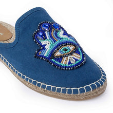 Load image into Gallery viewer, Single photo of Hamsa Blue espadrilles flats having evil eye protector design on a white background
