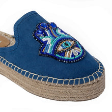 Load image into Gallery viewer, A photo of single Hamsa blue espadrilles Platform having evil eye protector design, kept on a white background.