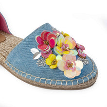 Load image into Gallery viewer, A single photo of blue carnation Tie-up Espadrilles, featuring colorful flowers on a white background.