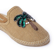 Load image into Gallery viewer, A single Coco Beige Espadrille with palm tree design featuring juttis for women kept on a white background