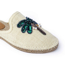 Load image into Gallery viewer, A single photo of a coco off-white Espadriles flat with green color palm tree on top of it on a white background