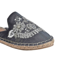 Load image into Gallery viewer, An Ottoman Silver Espadrilles Flats showcasing juttis for women against a white background