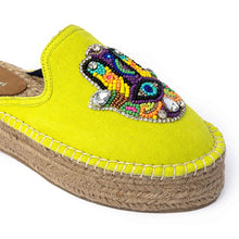 Load image into Gallery viewer, A single photo of Hamsa green espadrilles platform having evil eye protector design on a white background.