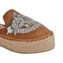 Load image into Gallery viewer, A close view of women footwear i.e Ottoman Tan Espadrilles Platforms