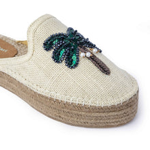Load image into Gallery viewer, A close look of a photo of a single coco off-white espadrilles platform with a green palm tree on top of it on a white background