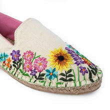 Load image into Gallery viewer, A single photo of colorful embroidered Espadrilles on a white background.