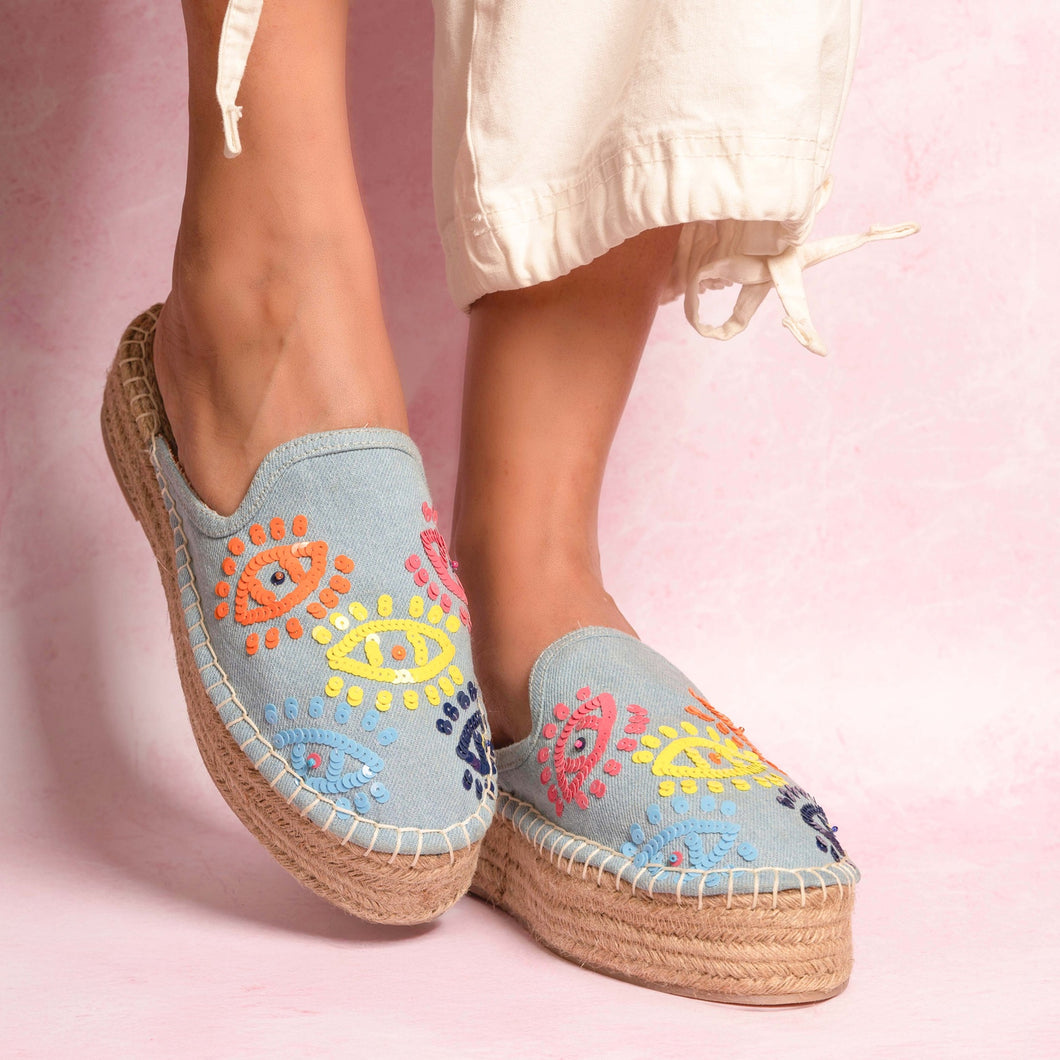 Joie Evil Eye Espadrilles Denim Platforms