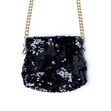 Load image into Gallery viewer, An elegant shimmery Sitara micro bag black kept on a white background.
