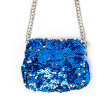Load image into Gallery viewer, An elegant shimmery Sitara micro bag blue kept on a white background.
