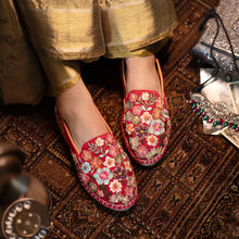 Load image into Gallery viewer, A woman has worn beautiful Bageecha Red Espadrilles footwear for women, kept upon a mat with some accessories beside.
