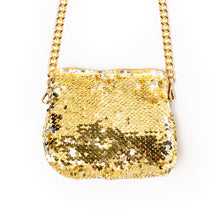 Load image into Gallery viewer, An elegant shimmery Sitara micro bag gold kept on a white background.
