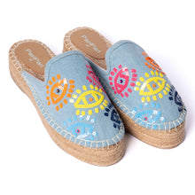 Load image into Gallery viewer, Joie Evil Eye Espadrilles Denim Platforms
