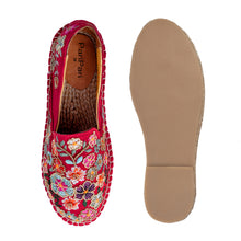 Load image into Gallery viewer, A pair of Bageecha Red Espadrilles footwear for women, against a white background where one is shown from the sole side.
